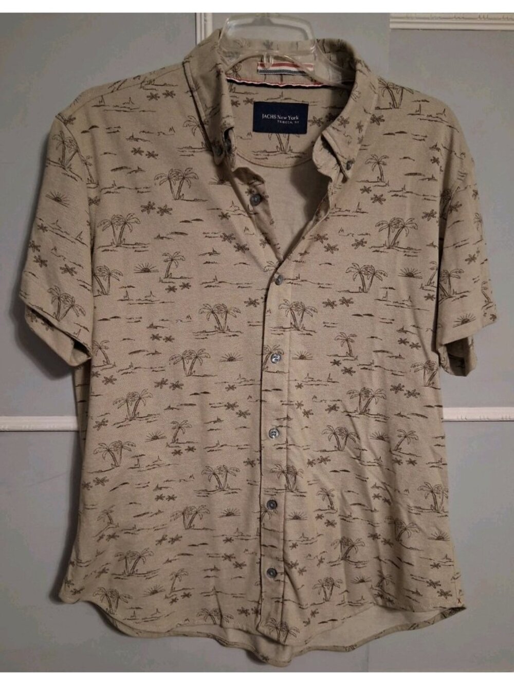 Jachs New York Mens M Button Up Brown Shirt Hawaiian Palm Trees Sunset